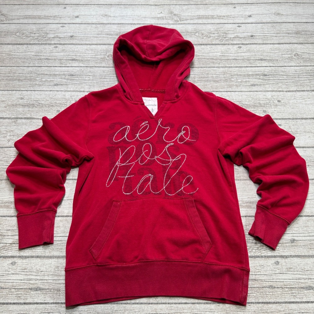 Y2K Aeropostale Hoodie Women's Large Red Embellished Fleece Athletic Pullover